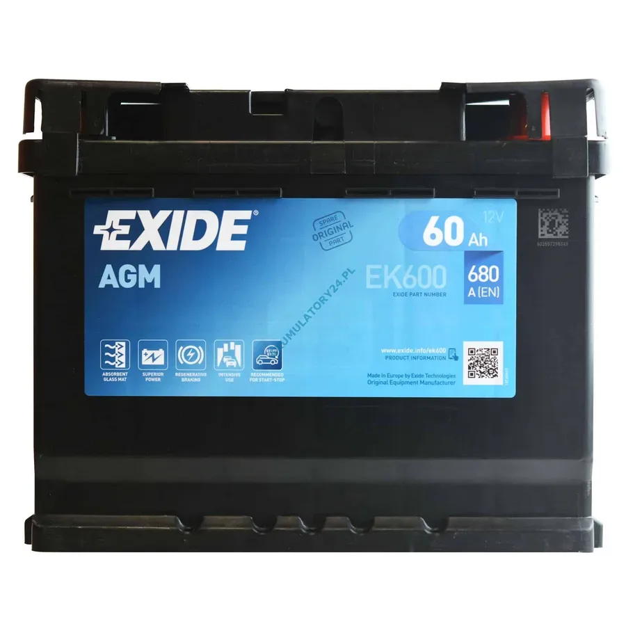 Аккумулятор EXIDE Start-Stop AGM EК600 60Ah 680A 242x175x190 "- +"