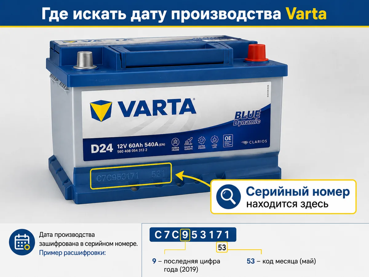 Где проверить дату производства аккумулятора Varta по серийному номеру.